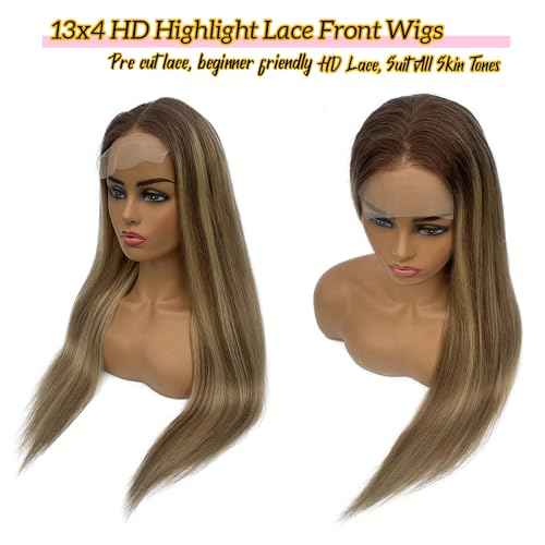 Brown Highlights 13x4 Lace Front Wig Human Hair,Brown with Blonde Highlights Mixed Colored Skily Straight Ombre Lace Front Human Hair Wigs Pre Plucked with Bleached Knots for White Women 24"(3T8P22)