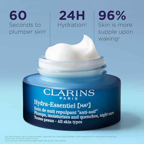 Clarins Hydra-Essentiel Night Cream | Intense Hydrating Moisturizer | 60 Seconds to Plumper Skin* | 24H Hydration* | Double Dose Of Hyaluronic Acid | Vegetal Squalane | All Skin Types | 1.7 Oz