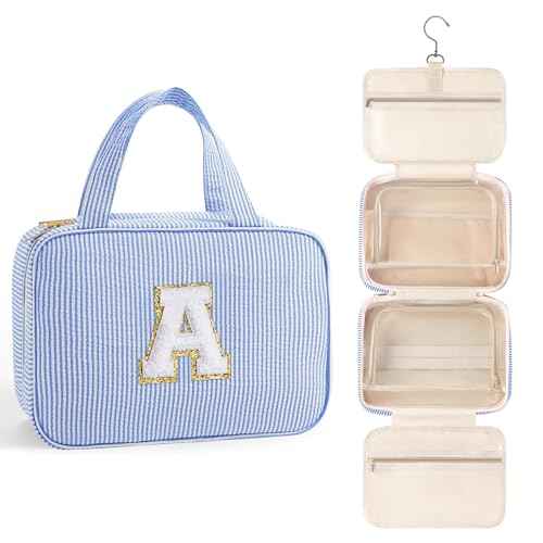 TOPEAST Christmas Gifts for Women Teen Girls Kids - Travel Hanging Toiletry Bag & Makeup Bag, Personalized Initial Toiletry Pouch, Birthday Gifts for Women Teen Girls, Cruise Essentials, Blue A