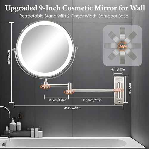 9" Large 15X Rechargeable Wall Mounted Lighted Makeup Mirror Nickel, 5000mAh HD Magnifying Mirror with 3 Color Bright Lights Touch Screen Dimmable, 17" Extendable 360¡Æ Swivel Bathroom Vanity Mirror