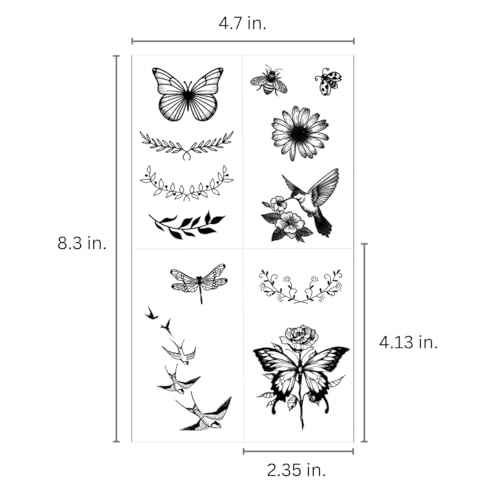 One Grace Mini Nature Temporary Tattoos - Realistic Long Lasting Waterproof Tiny Tattoos - Black and White Butterflies Bird Flower Rose Tree Branch Boho Small Tattoos for Women and Men