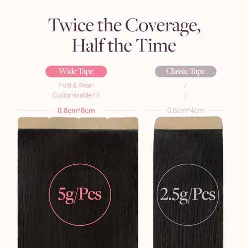 GOO GOO Tape in Hair Extensions Human Hair, 1B Natural Black, 8cm Wide Tape, 18inch 20pcs 100g, Tape Weft Hair Extensions, Real Human Hair, Seamless Tape in