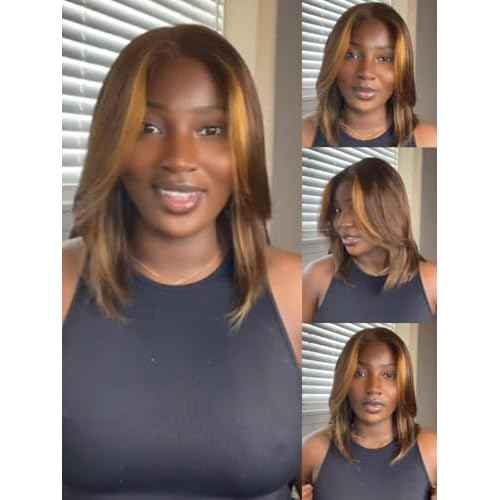 Sunber Ombre Brown Highlights Blonde Bob Human Hair Glueless Wig Bye Bye Knots Pre Everything 7x5 Lace Front Bob Wigs Pre Cut Lace Pre Plucked Pre Bleached Knots 150% Density 3S Put On and Go 12Inch