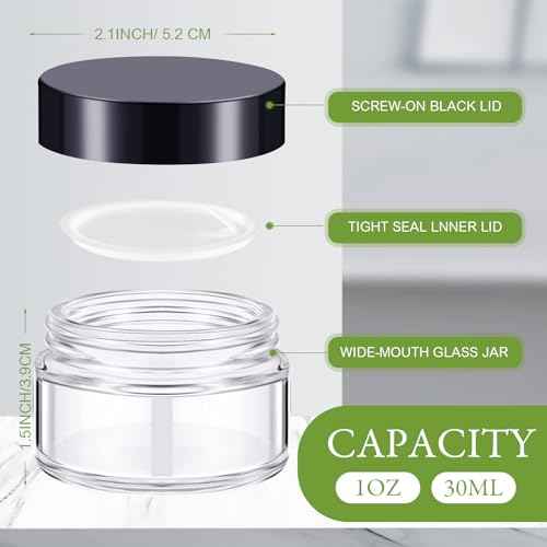 Domensi 100 Pcs 1 oz Glass Jars with Lids Bulk Round Glass Cosmetic Jars for DIY Lip Balm Small Travel Containers with Inner Liner for Lotions Powders Ointments Sample Cream(Clear, Black)