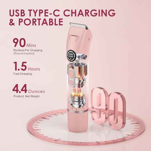 4-in-1 Bikini Trimmer for Women, Dual Head Electric Razors Shaver | Painless Bikini, Body & Facial Hair Remover | IPX7 Waterproof for Wet/Dry Use | Includes Nose & Eyebrow Trimmer Heads(Pink)