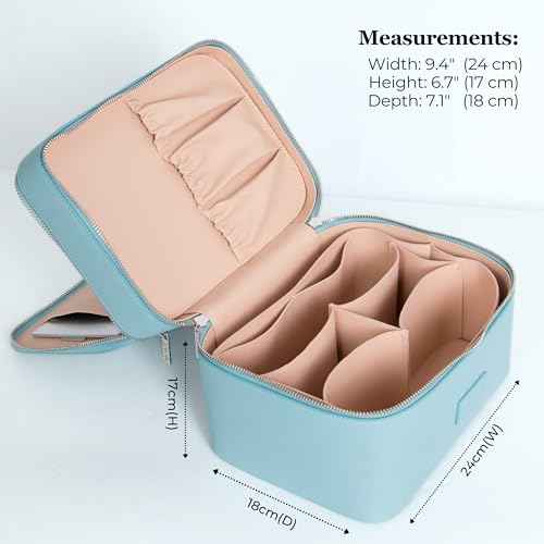 ZEVGANI Travel Makeup Bag Vanity Case with Mirror, Large Toiletry Bag Portable Leather Makeup Bag Organizer with Dual Compartments Removable Dividers for Skincare & Brushes, Blue