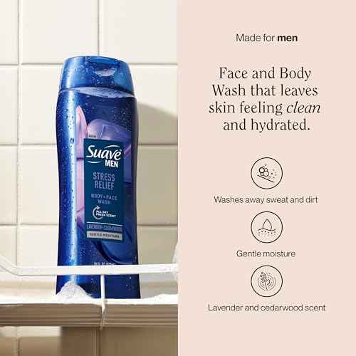 Suave Men¡¯s Stress Relief Body + Face Wash, Gentle Moisture with Lavender & Cedarwood All Day Fresh Scent, 18 oz, 6 Pack