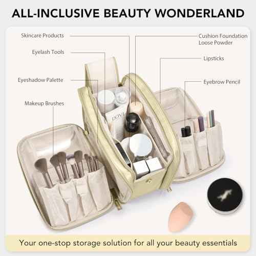 Travel Makeup Bag Women's Large Capacity Cosmetic Portable Organizer Large Opening Waterproof Storage Toiletry Bags Vertical Free-Standing Brush Holder for Easy Access Gold
