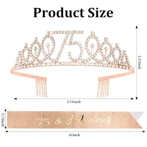 75th Birthday Sash and Crown for Women Rose Gold 75th Birthday Tiara and Sash Set Gifts for Her 75 & Fabulous Sash Birthday Decorations Happy Birthday Crown and Sash Accessories Birthday Gift
