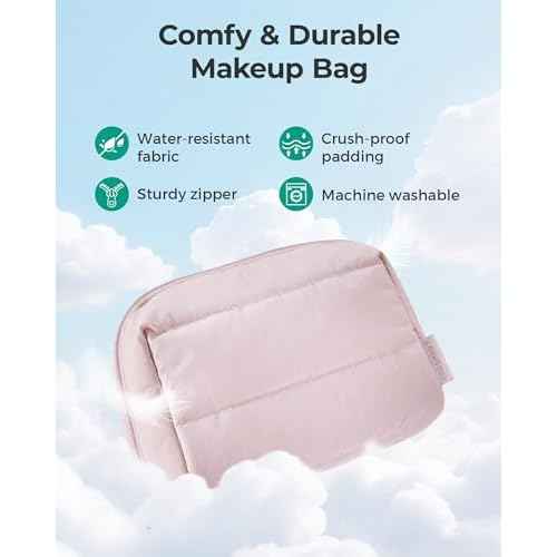 BAGSMART Puffy Makeup Bag, Wide Opening Cosmetic Bag Compact & Spacious, Water-Resistant Travel Organizer Pouches for Women (Baby Pink)