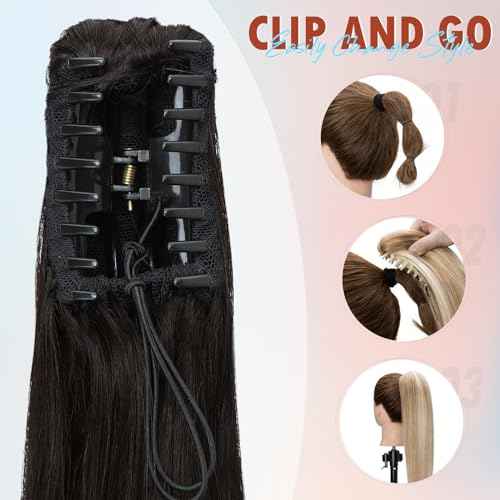 Hairro Claw Clip Ponytail Extension Human Hair Clip In Ponytail Jaw/Claw Jaw On Pony Tail Hairpieces For Women 18 Inch 115g #1B Natural Black