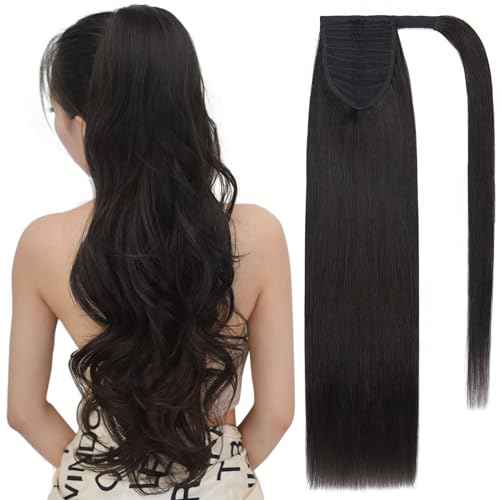 Ponytail Extensions Human Hair Long Straight Ponytail Hair Extensions with Magic Paste Wrap Around Clip in Ponytail Extensions Real Human Hair,22inch #1B Jet Black,95g