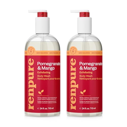 RENPURE Pomegranate & Mango Exfoliating Body Wash - Cleanses, Exfoliates, Moisturizes & Rejuvenates Skin - For All Skin Types - Pomegranate Extract, Mango Fruit Extract - 24 Fl Oz each, 2 Pack