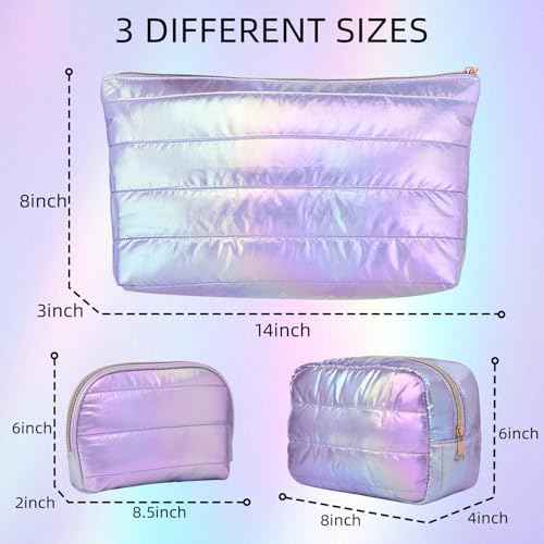 Hiroyuki Iridescent Quilted Makeup Bag, 3pcs Cute Makeup Bag Set, Large Capacity Cosmetic Organizer Travel Toiletry Pouch (plain, purple)