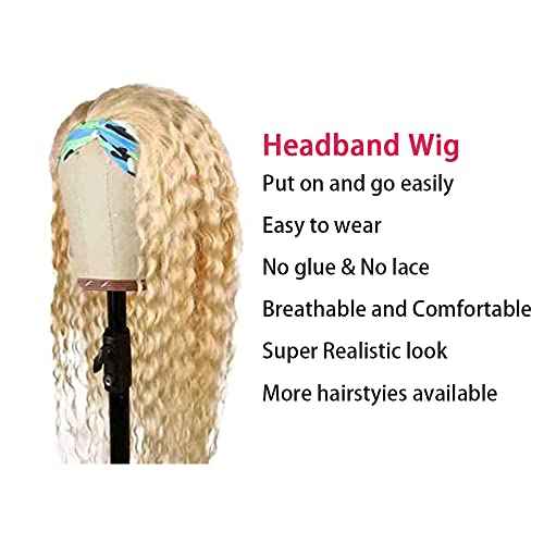 613 Deep Wave Headband Wig Blonde Human Hair Headband Wig 130% Density Grade 8A Brazilian Remy Hair Machine Made Wigs 16 Inch