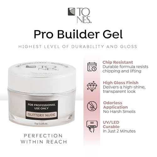 TONES Premium Self Leveling Nail Builder and Extension Gel for Professional Design - Salon-Quality LED and UV Building Gel - (0.5 Fl Oz, Glittery Nude)