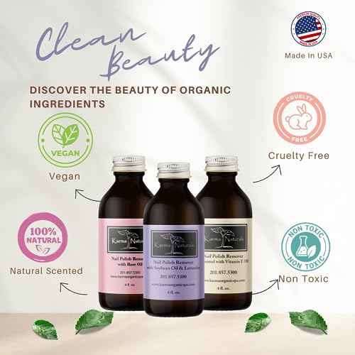 Karma Organic Nail Polish Remover Bundle - Includes Natural Lavender, Rose Oil, and Unscented Nail Polish Remover (4FL-Oz) (Multipack)