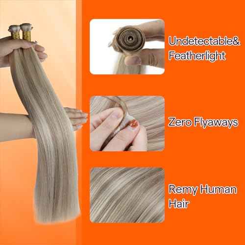 Full Shine Genius Weft Hair Extension Remy Hair Weft Extensions Color Ash Blonde Highlight Bleach Blonde Hand Tied Hair Extensions 24 Inch 60G Human Hair Sew In Extensions