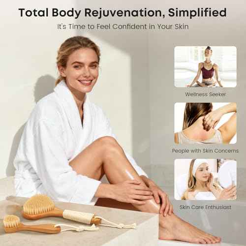 Bamboo Dry Brushing Set with Body and Face Brush, Dry Scrub Brush with Exfoliating Natural Boar Bristle for Lymphatic Drainage, Cellulite Reduction, Blood Circulation and Glowing Skin, 2 Pack