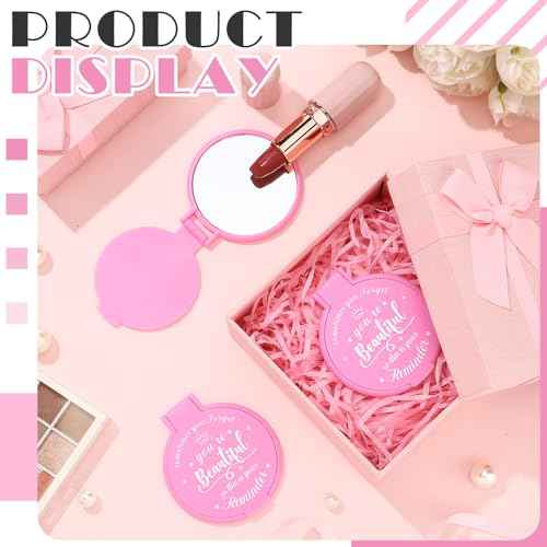 18 Pcs 2.76 Inch Inspirational Compact Mirror Bulk Party Favors Quinceanera Gift Purse Small Mirror Pocket Mini Gifts for Women Adult Coworker Halloween Christmas Friends (Pink)