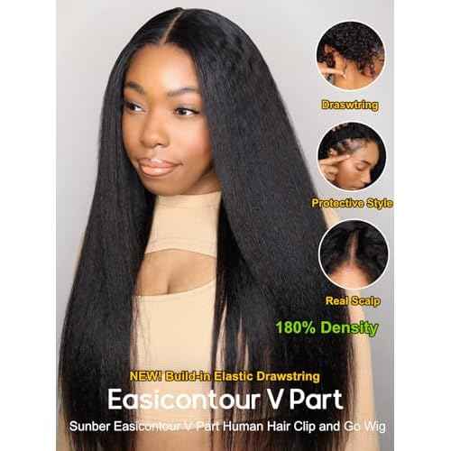 Sunber EasiContour Yaki Straight V Part Human Hair Glueless Wigs with Drawstring No Leave Out No Gel 180% Density Vpart light yaki straight Clip In Half Wigs No Leave Out Real Scalp V Shape 20Inch