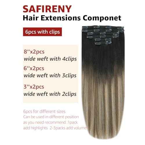 Clip in Hair Extensions Real Human Hair, 16 Inch 100g,Natural Black Roots Chocolate Brown With Caramel Blonde, Clip On Hair Extensions 6pcs Per Set with 18 Clips(#1B/4/27,16")