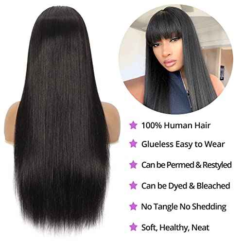 Lativ Straight Human Hair Wigs with Bangs None Lace Front Wigs 150% Density Glueless Machine Made Brazilian Virgin Human Hair Wigs for Black Women Natural Color(24 Inch, Straight)