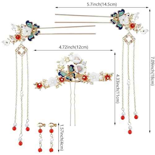 5 Pcs Butterfly Chinese Tassel Hair Stick Peony Flower Crystal Pearl Hanfu Hair Pins Classical Floral Wedding Headpiece Brides Hair Jewelry Accessories for Updo Long Hair Women Girls