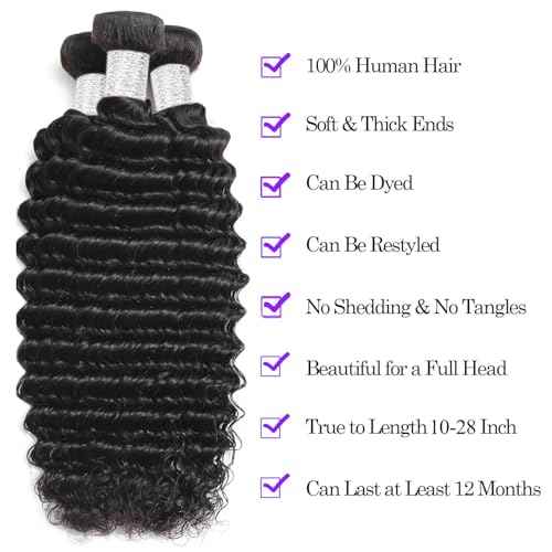 12A Brazilian Deep Wave Human Hair 3 Bundles 10 12 14 Inch 100% Unprocessed Brazilian Virgin Human Hair Weave Bundles Curly Wave Hair Extensions Natural Color