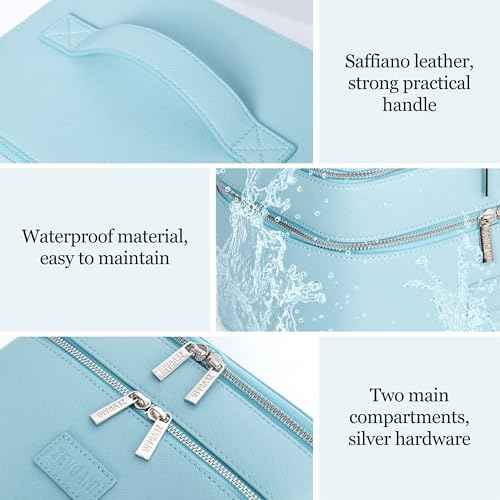 ZEVGANI Travel Makeup Bag Vanity Case with Mirror, Large Toiletry Bag Portable Leather Makeup Bag Organizer with Dual Compartments Removable Dividers for Skincare & Brushes, Blue