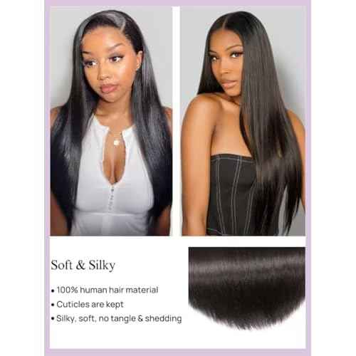 YIROO Yaki Straight Human Hair Weave 3 Bundles 12A Kinky Straight Double Wefts for Women Unprocessed Real Virgin Hair Sew In Human Hair Extensions Cllip In Light Yaki Natural Black Color 10 12 14Inch
