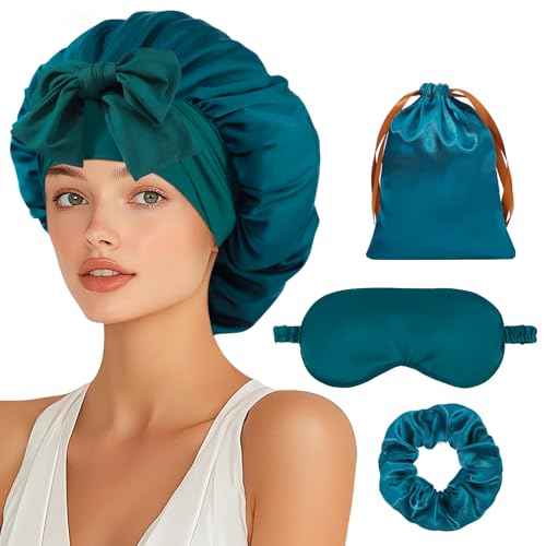 Satin Bonnet Set, Hair Bonnet for Sleeping Silk Bonnet with Eye Mask for Women Curly Hair