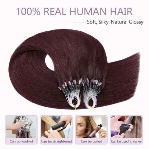 Benehair Micro Loop Hair Extensions Real Human Hair Wine Red Microlink Hair Extensions Human Hair 24inch Micro Link Hair Extensions for Women Invisible Natural Hair Extensions Add Volume