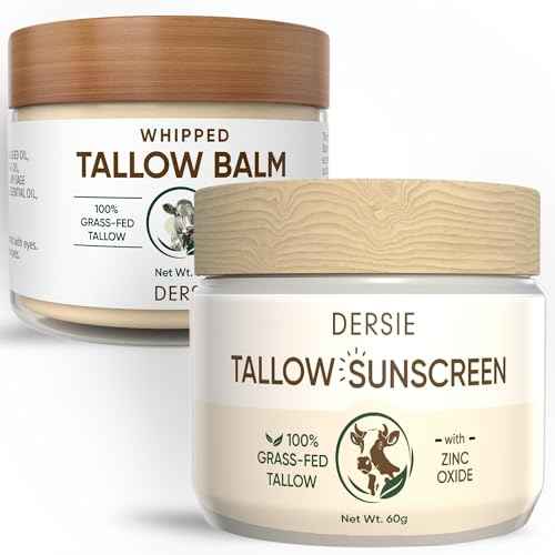 Tallow Sunscreen & Tallow Balm Set: 100% Grass-Fed Beef Tallow Sunscreen Balm with Zinc Oxide + Whipped Tallow Moisturizer ? Daily Sun Protection & Deep Hydration for Sensitive Skin, Face & Body