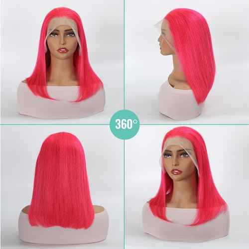 Pink Bob Wigs 13x4 HD Lace 100% Human Hair Front Wig Brazilian Unprocessed Virgin Human Hair Wigs Pre Plucked Natural Hairline Transparent Lace Pink Front Bob for Women (14")