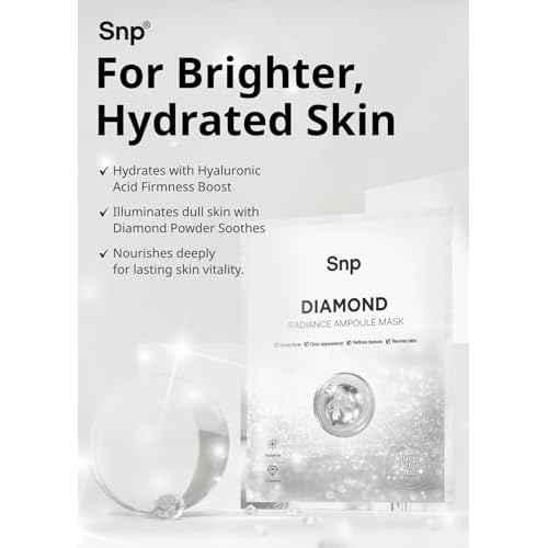 SNP 100% Diamond + 1000mg Hyaluronic Acid Sheet Mask | Tightening, Hydrating, and Nourishing with Real Diamonds for All Oily Skin Types | Korean Face Mask Skincare | Facial Moisturizing | 10 Sheets