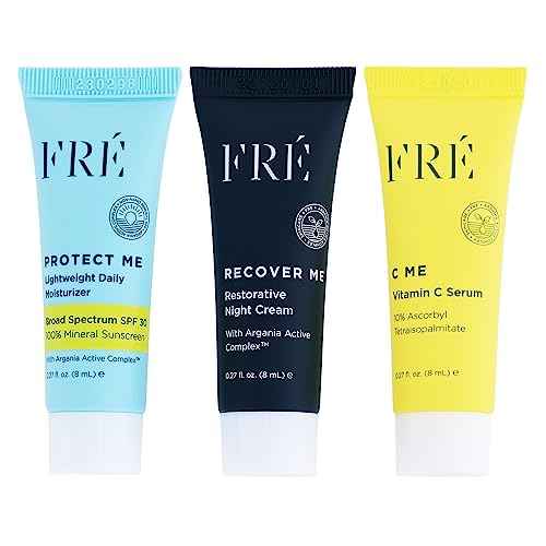 FRE DELUXE Mini Must Haves Skin Care Set with C ME, PROTECT ME & RECOVER ME- Anti Aging Vitamin C Brightening Serum, Face Moisturizer SPF 30 Travel Size Mineral Sunscreen & Restorative Night Cream