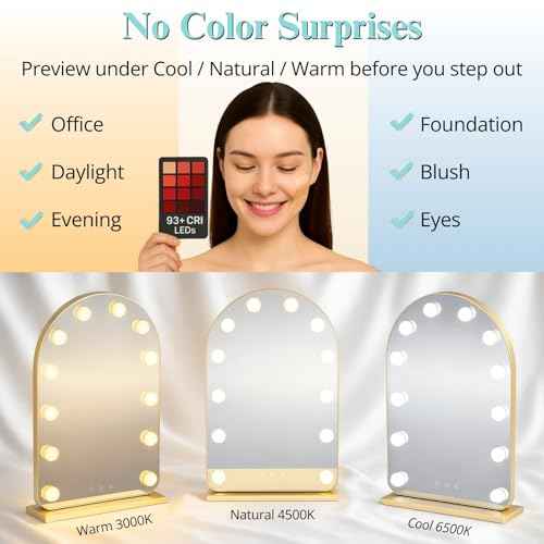LUXFURNI Vanity Mirror with Lights, 20.5" L x 13" W Arched LED Makeup Mirror, Lighted Makeup Mirror with Lights, Smart Touch Control Dimmable 3 Modes Light, Gold