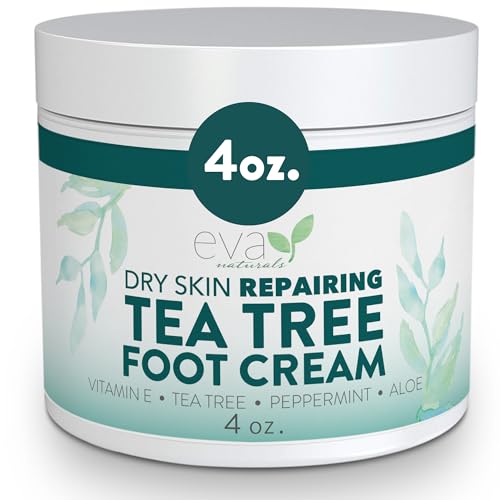 Eva Naturals Tea Tree Foot Cream ? Moisturising Foot Lotion & Balm for Dry, Cracked Heels & Feet with Peppermint, Menthol, Spearmint, Aloe, Sunflower Oil & Geranium ? Cream for Men & Women, 4 Fl Oz