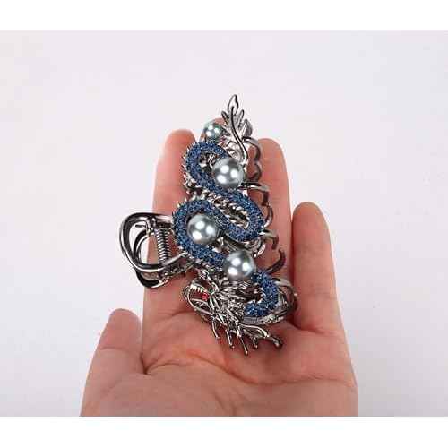 Fashionable Dragon Metal Claw Clips for Women Blue Rhinestone & Pearls Silver Alloy Halloween Decorative Clips Hair Accessories Birthday New Year Gifts