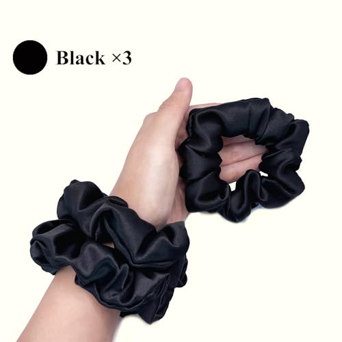 VLOMOT 3 Pcs Set 100% Pure Mulberry Silk Hair Scrunchies Silk Hair Ties with Chic Color Everyday Scrunchies Silk Ponytail Holders Hair Care No Damage (Black)