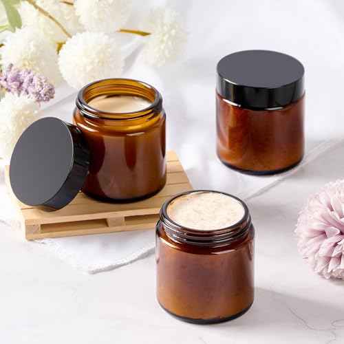 Qeirudu 4 Oz Small Amber Glass Jars with Black Lids, 12 Pack Airtight Cosmetic Jars with Inner Liners Round Empty Sample Containers for Lotions, Creams, Candles, Body Butters, Essential oil