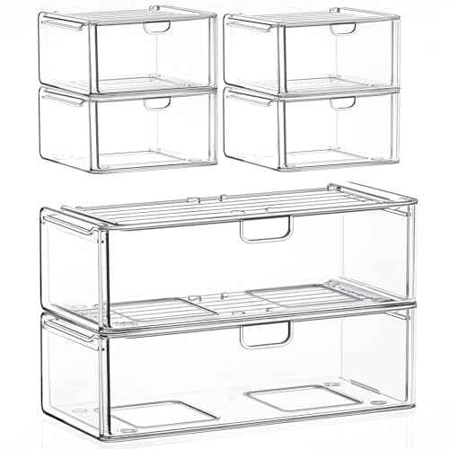 Acrylic Storage Drawers Set of 6, Clear Makeup Organizer, Plastic Organizer Bins for Beauty Supplies,Ideal for Vanity, Bathroom,Cabinet,Pantry Organization