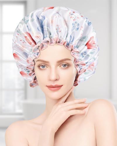 Auban Shower Caps, Waterproof Shower Cap for Women Long Hair, Double Layers Reusable Shower Cap with Soft Comfortable PEVA Lining Non-fading Bathing Shower for Ladies