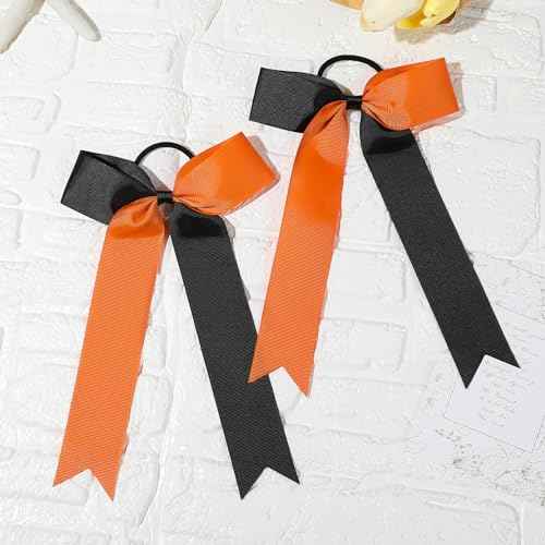 DEEKA 16 PCS Collegiate Style Ponytail Holders - Long Tail Skinny Handmade Bows for Girls, Teens, Softball, Cheerleaders - Orange/Black