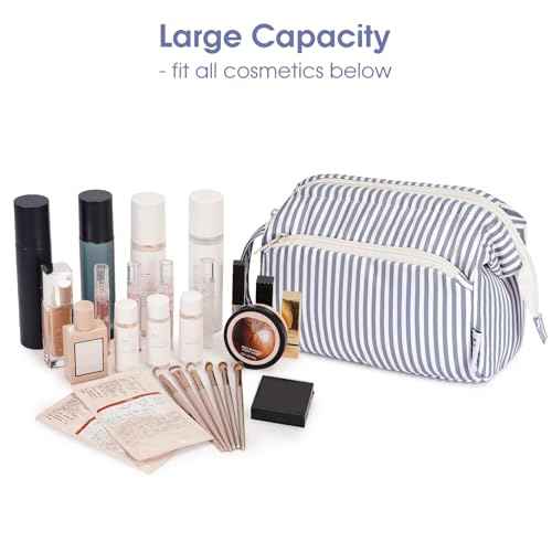 Narwey Striped Wide Open Makeup Bag Women, Travel Toiletry Bag for Women Cosmetic Bag Organizer Make up Bags with Compartments, Gift for Teen Girls (Greyish Blue Stripe)