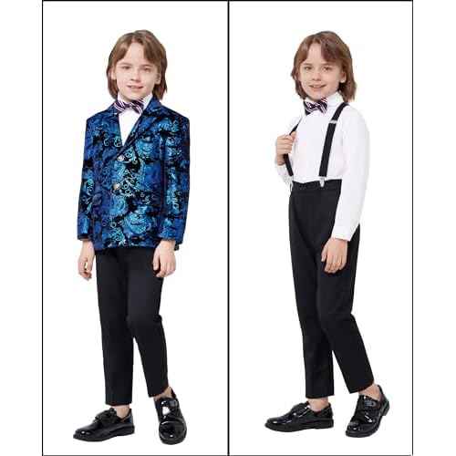 MAGE MALE Boys 3 Pieces Suit Colour Jacquard Slim Fit Jacket Pants Set for Wedding Prom Party Tuxedo with Kids Suspenders