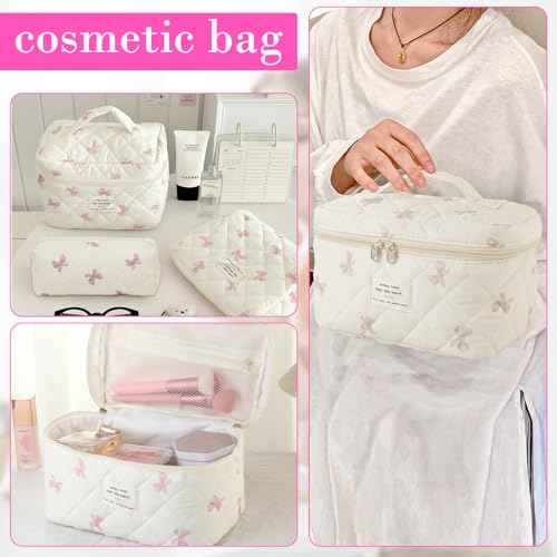 Quilted Makeup Bag, Large Capacity Travel Cosmetic Bag for Women and Girls, Aesthetic Storage for Daily and Travel Use (4pcs-pinkbow)