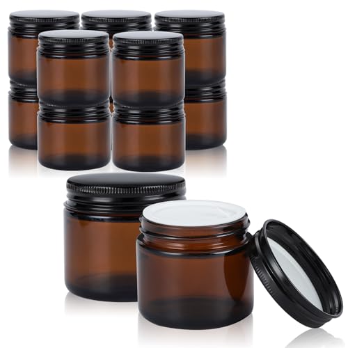 2oz Amber Glass Jars with Lids - 12 Pack Cosmetic Containers for Travel, Lotion, Cream