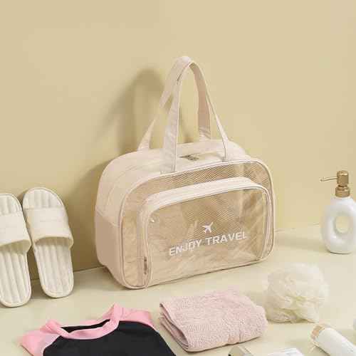 Travel Toiletry Bag for Women and Men, Beach Bag Waterproof Sandproof, Large Clear Tote for Gym Pool Beach Summer Vacation (Beige)
